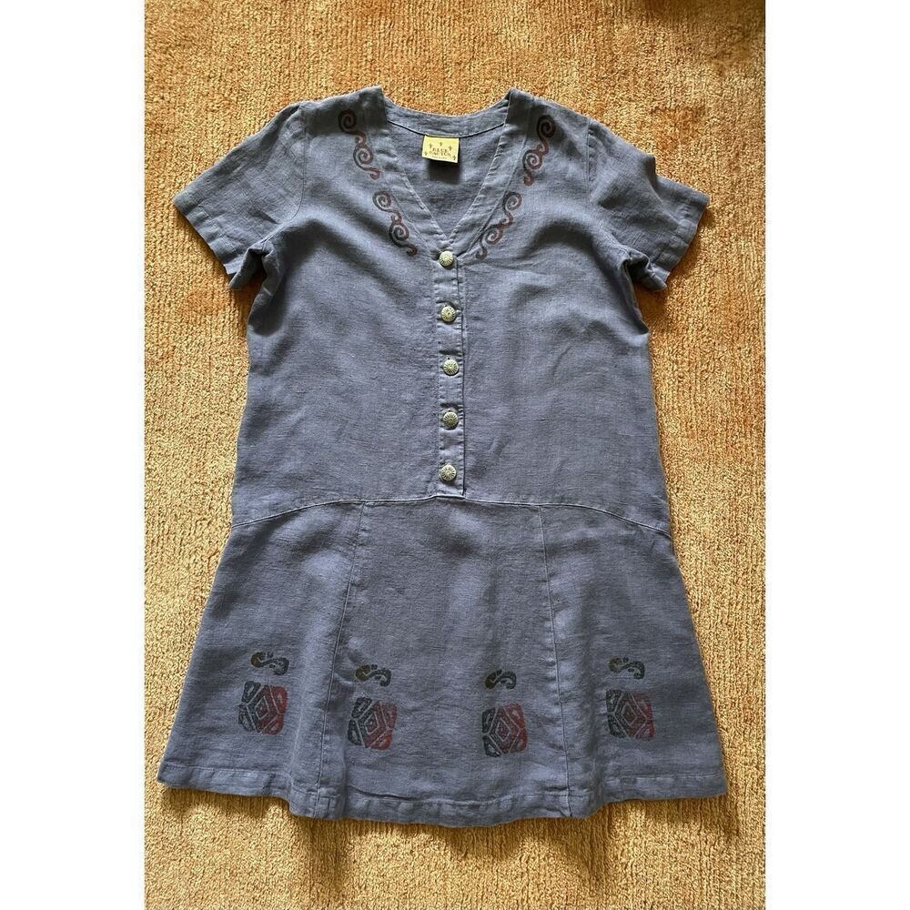 Vintage Blue Cactus Linen Dress Made in USA Boho Painted Print Drop Waist M/L